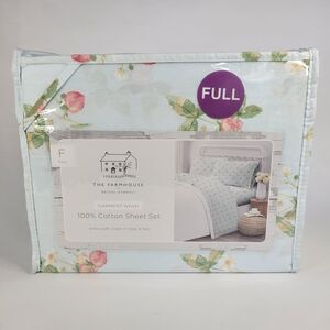 Farmhouse Shabby Chic FULL Sheet Set 4pc Blue Red Strawberry Green Flower Cotton